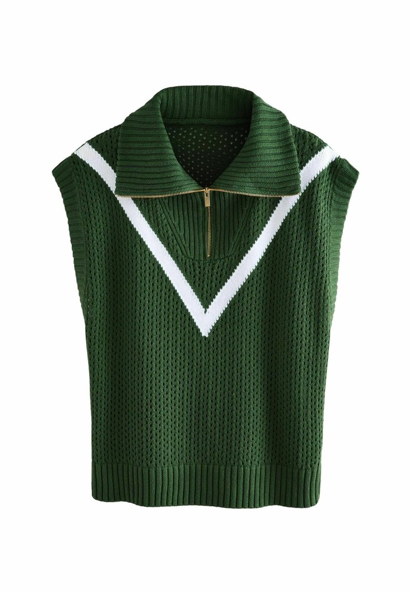 Grüner ärmelloser Strickpullover mit geripptem Kragen, Reißverschluss und weißen V-Musterakzenten. Strukturierter Stoff mit offenem Gewebedesign.