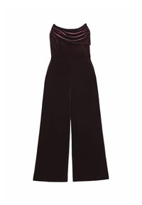 Ensemble en velours de couleur bourgogne foncé avec un décolleté drapé. Silhouette à jambes larges, design sans couture, sans fermetures ou embellissements visibles.