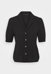 Blouse noire à manches courtes avec un col, une fermeture boutonnée sur le devant et des manches froncées, confectionnée dans un tissu léger.