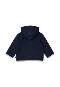 Giacca a vento blu navy con bordi grigi; presenta maniche lunghe, una texture morbida e un orlo curvo. Nessuna chiusura o motivo visibile.