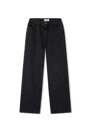 Jeans in denim nero con design a gamba dritta, caratterizzati da piccoli rivetti argentati sparsi sul tessuto e chiusura anteriore con bottone.