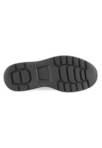 Zwarte rubberen schoenzool, met een gestructureerd oppervlak met diepe profielen, omrandde secties en een centraal rechthoekig patroon voor grip.