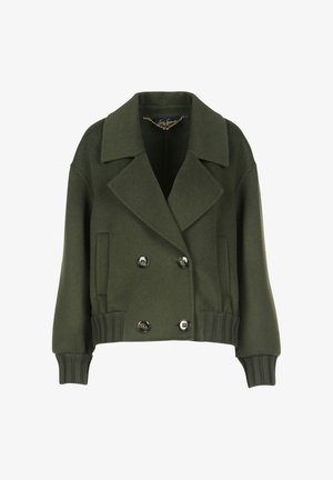 Olive green wool-blend double-breasted jacket with wide lapels, two side pockets, and ribbed cuffs. Features metallic buttons.
