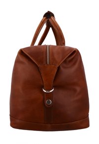 Rjava usnjena torbica z dvema ročajema, osrednjim zadrgo ter paščkom z metalnim obročem in gumbom na sprednji strani.