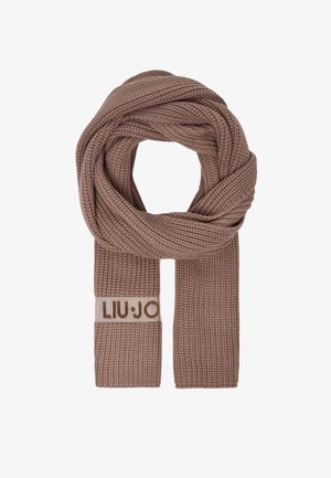 Sciarpa lavorata a maglia in morbido marrone con una trama strutturata; presenta un logo Liu Jo su una fascia a contrasto.