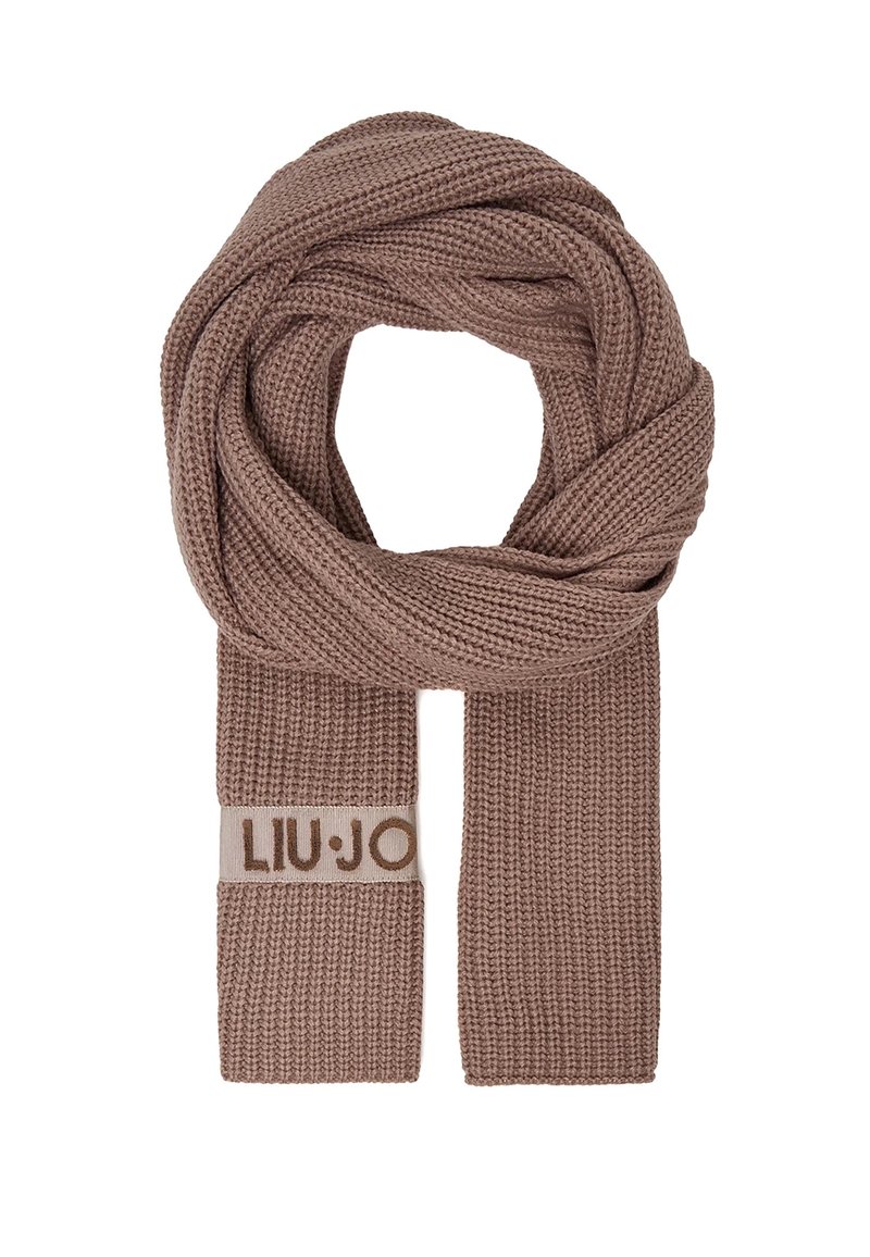 Sciarpa lavorata a maglia in morbido marrone con una trama strutturata; presenta un logo Liu Jo su una fascia a contrasto.