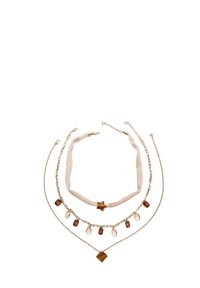 Colliers en or à trois couches avec des pendentifs en gemmes marron et transparentes, y compris un choker en tissu avec une gemme en forme d'étoile.