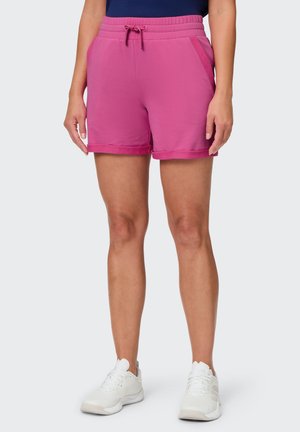 Pink shorts with an elastic waistband, drawstring, and side pockets. Soft fabric with a smooth texture and rolled hems.