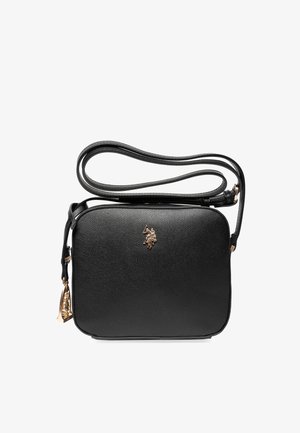 Borsa a tracolla nera in pelle con finitura testurizzata, hardware dorato e un emblema in rilievo. Presenta una tracolla removibile per maggiore versatilità.