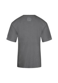 Gray t-shirt with a relaxed fit, short sleeves, and a slightly rounded neckline. Features a small logo at the upper back.