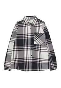 Camicia a maniche lunghe a scacchi bianco e nero, con chiusura a bottoni, colletto a punta, taschino sul petto con motivo abbinato, tessuto morbido.
