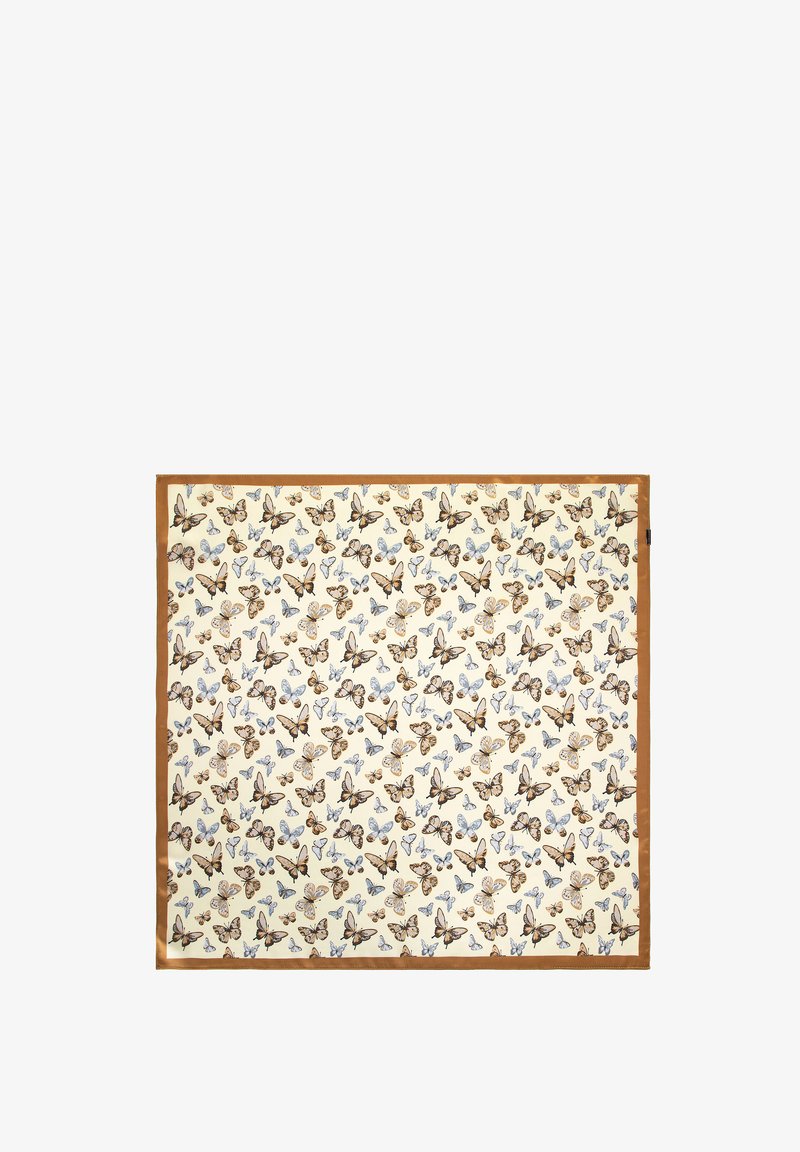 Hedvábný šál s motivem motýlů na krémovém pozadí a hnědým saténovým okrajem. Obsahuje různé ilustrace motýlů v tlumených barvách.