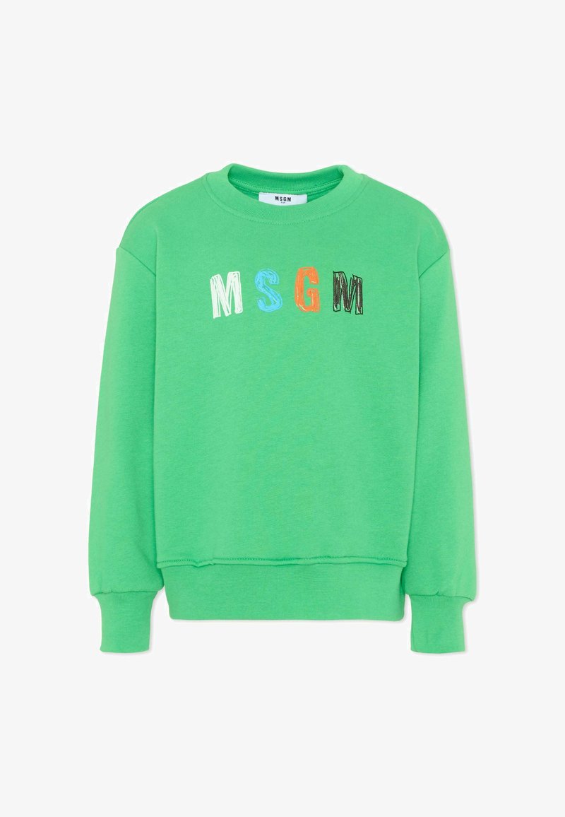 Sudadera verde con cuello redondo y letras multicolores "MSGM" impresas en el pecho, mangas largas y puños y dobladillo acanalados.