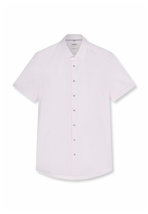 Short-sleeve, light pink button-up shirt with subtle vertical stripes and a classic collar, laid flat on a white background.