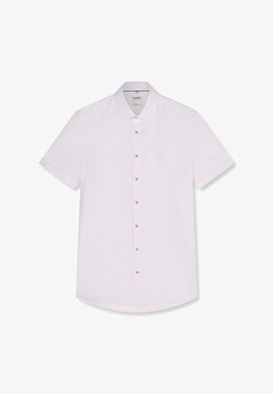 Camicia a maniche corte rosa chiaro con bottoni, sottili righe verticali e colletto classico, distesa su sfondo bianco.