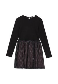 Abito nero a maniche lunghe con top a coste e gonna sovrapposta trasparente con motivi a pois argentati per un tocco di texture e dettaglio.