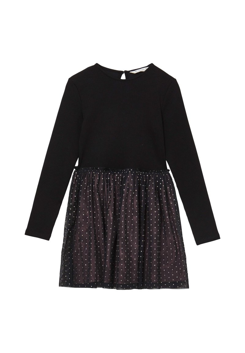 Abito nero a maniche lunghe con top a coste e gonna sovrapposta trasparente con motivi a pois argentati per un tocco di texture e dettaglio.