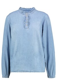 Vaaleansininen farkkupaita pitkillä hihoilla, jossa on röyhelökaulus, nappilista ja kootut hihansuut. Ominaisuuksiin kuuluu rento istuvuus ja sivurei'itykset.