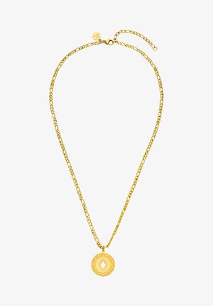 Goldkette mit einem strukturierten runden Anhänger mit einem Diamantschnitt, gesichert mit einem Karabinerhaken und verstellbarer Kettenlänge.