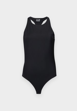 Μαύρο ολόσωμο κορμάκι χωρίς μανίκια με racerback και διακριτικό ανάγλυφο λογότυπο EA7 Emporio Armani στο στήθος.