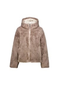 Chaqueta de piel sintética en marrón claro con una capucha acogedora, textura gruesa, cierre frontal con cremallera y bolsillos laterales, con un suave forro acolchado en su interior.