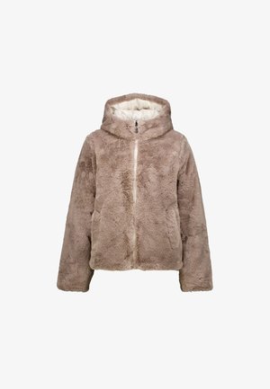 Veste en fausse fourrure de couleur brun clair avec une capuche confortable, texture épaisse, fermeture éclair à l'avant et poches latérales, dotée d'un doux revêtement intérieur matelassé.