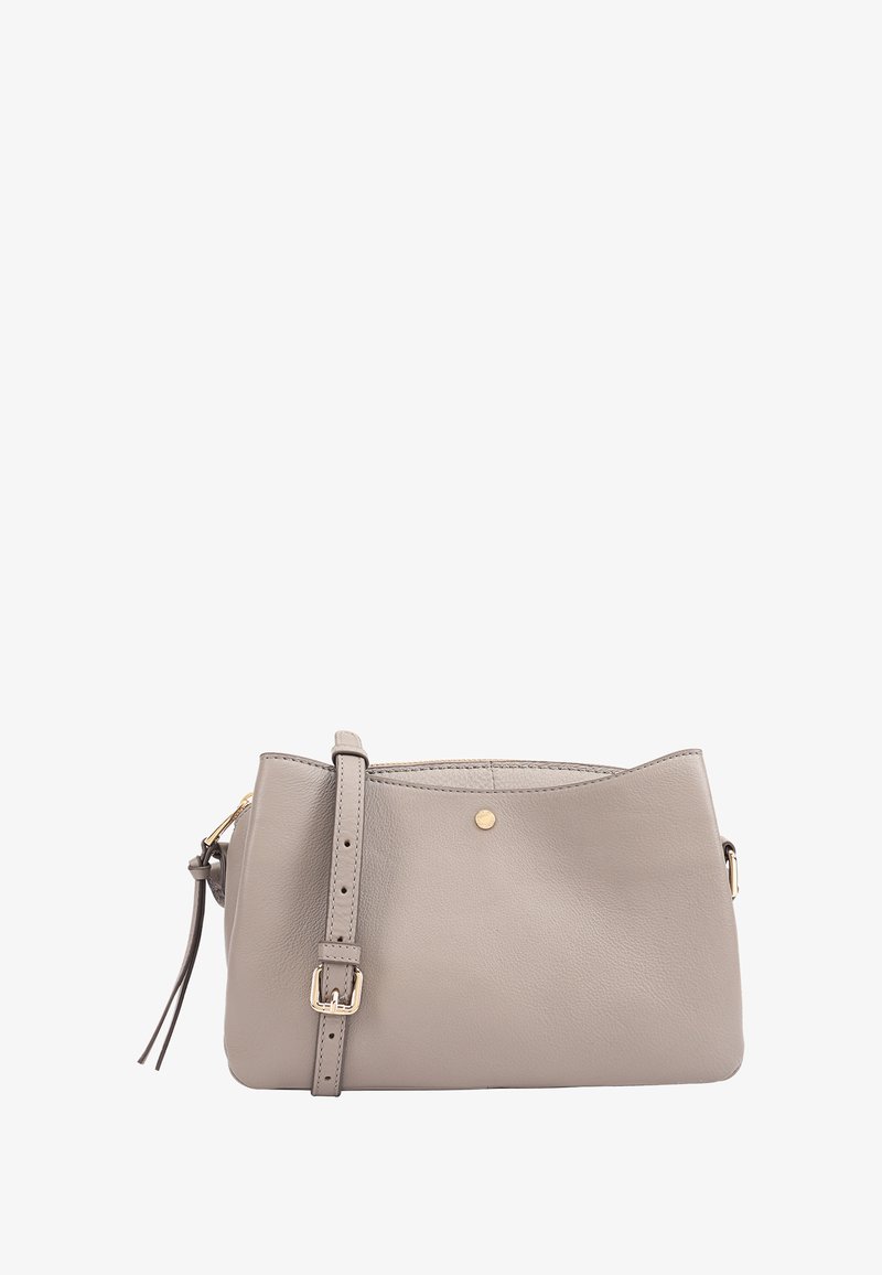 Gray leather handbag with a minimalist design, featuring a rounded top, a gold accent dot, and an adjustable strap.