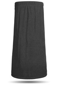 Anthrazitgrauer, knielanger Wickelrock aus weichem, strukturiertem Stoff mit elastischem Bund für Komfort und einfaches Tragen.