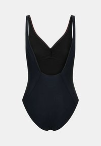 Costume da bagno nero con scollatura a V profonda, spalline larghe e dettaglio frontale arricciato. Presenta un tessuto liscio e strutturato e una silhouette elegante.