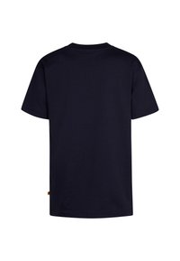 Marineblauw katoenen T-shirt met korte mouwen, ronde hals en een gladde textuur. Geen zichtbare logo's of patronen aan de achterkant.