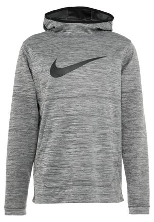 Szara melanżowa bluza z kapturem Nike z czarną podszewką wewnętrzną kaptura, dużym czarnym logo Swoosh na piersi, kieszenią kangura z przodu i długimi rękawami.