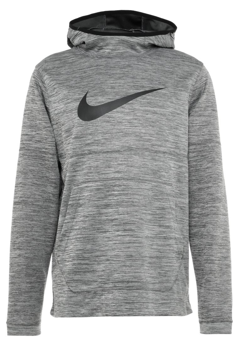 Sweat à capuche gris chiné Nike avec doublure intérieure noire de la capuche, grand logo swoosh noir sur la poitrine, poche kangourou à l'avant et manches longues.