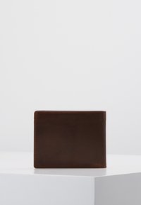 Brown leather wallet with a smooth texture, bi-fold design, and no visible hardware. Features a simple, unembellished exterior.