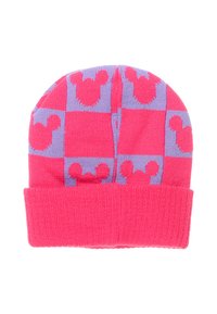 Beanie lavorato a maglia in un vivace rosa e lavanda con motivo a scacchiera e piccoli iconi di Topolino; texture morbida, risvolto.