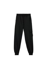 Schwarze Jogginghose aus weichem Stoff, mit elastischem Bund und Kordelzug, Seitentaschen und einer Cargotasche am linken Bein.