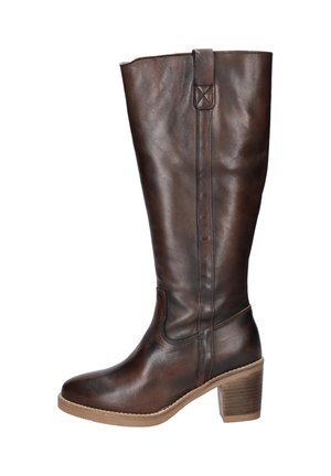 Dark brown leather knee-high boot with block heel and pull tab on side, shown from outer side on white background.