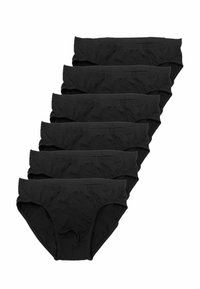 Mutandine nere in cotone, set da sette pezzi, design a vita media, texture liscia, cintura elastica, senza motivi o dettagli visibili.