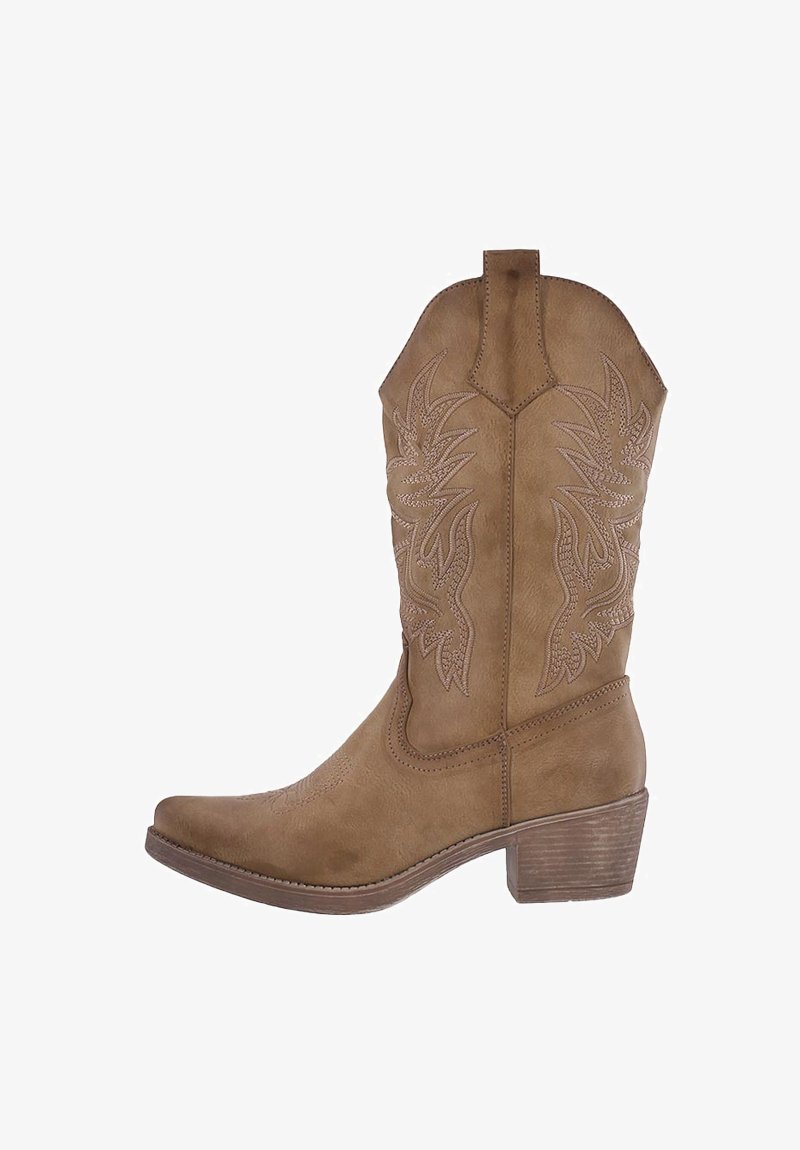 Botas de cowboy marrones con punta afilada, costuras decorativas y patrones de hojas en relieve. Cuentan con un tacón bloque de altura media y una textura suave.