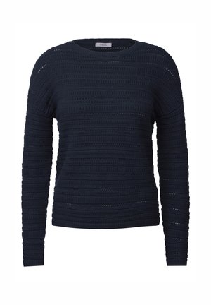 Maglione lavorato a maglia blu navy con un motivo testurizzato caratterizzato da strisce orizzontali e un colletto rotondo; maniche lunghe con una vestibilità morbida.