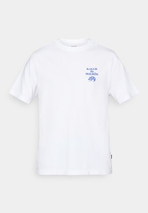 Balta trumpa rankovėmis marškinėliai su mėlynu užrašu "le CLUB du MALBÔN" ir mažai mėlyna citrinų grafika kairėje krūtinės pusėje.