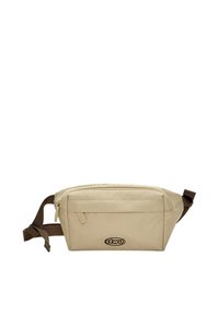 Marsupio in tessuto beige con chiusura a zip, cinghia regolabile marrone e dettaglio logo discreto. Presenta una forma rettangolare e una texture liscia.