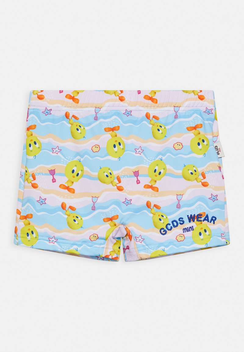 Calções de banho azul claro com um padrão de cartoon colorido de personagens amarelos, estrelas e bebidas, com "GCDS WEAR mini" bordado em azul.