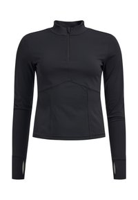 Musta pitkähihainen urheilupaita, jossa on puolivetoketju, istuva muotoilu, teksturoitu kangas ja peukalonreiät hihansuiden kohdalla.