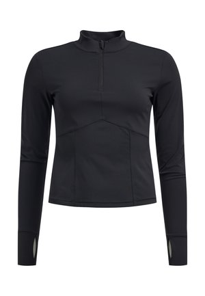 Maglietta sportiva nera a maniche lunghe con colletto a mezza zip, design aderente, tessuto testurizzato e fori per il pollice alle estremità delle maniche.