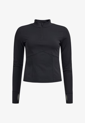 Črna športna majica z dolgimi rokavi, pol-zip ovratnikom, prilegajočim se dizajnom, teksturirano tkanino in odprtinami za palce na koncih rokavov.