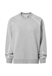 Light grey crewneck sweatshirt with long sleeves and white stitch detailing along the shoulders and arms.