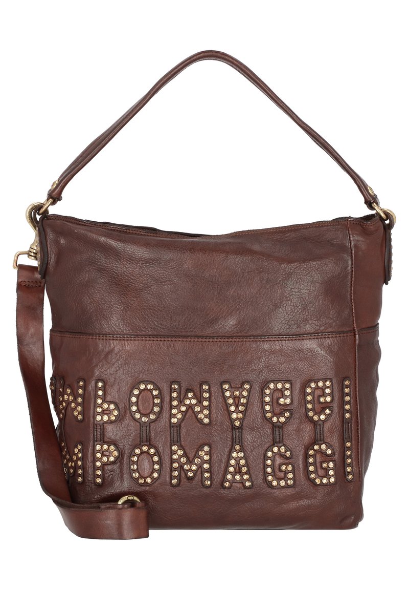 Borsa a tracolla in pelle marrone, con lettering borchiato sulla parte anteriore, superficie testurizzata e forma morbida.