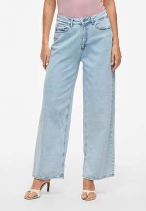 Lichtblauwe wijde jeans van denim, met vijf zakken, een frontale knoopsluiting en subtiele vervaging voor textuur.