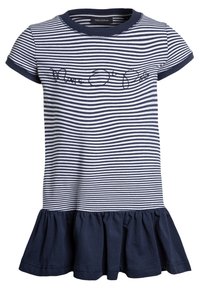 Sukienka w pionowe pasy w kolorze granatowym i białym, z krótkimi rękawami i falbanistym granatowym dołem. Wyszywana nazwa marki z przodu.