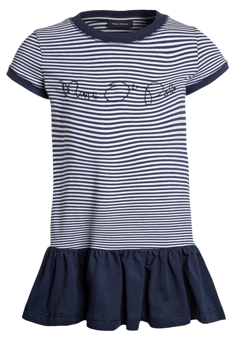 Sukienka w pionowe pasy w kolorze granatowym i białym, z krótkimi rękawami i falbanistym granatowym dołem. Wyszywana nazwa marki z przodu.